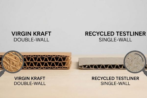 Cross-section comparison of Virgin Kraft Double-Wall and Recycled Testliner Single-Wall corrugated board, highlighting fiber structure.