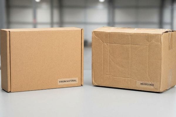 Virgin vs Reused Boxes Smooth, new virgin corrugated box contrasts with a creased, worn reused cardboard box, labeled 'Virgin Material' and 'Reused Box'.