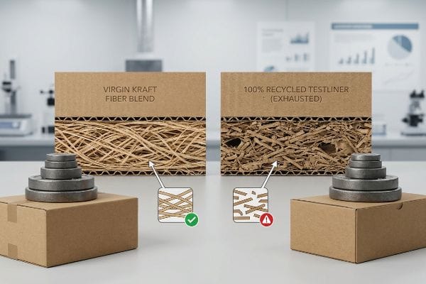 Virgin Kraft Fiber Blend corrugated board with long, intact fibers compared to 100% Recycled Testliner (Exhausted) with short, broken fibers, illustrating material strength difference.