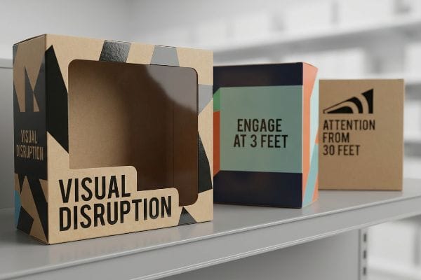 Retail Packaging Visual Disruption Kraft paper window box displaying 'Visual Disruption', next to 'Engage At 3 Feet' and 'Attention From 30 Feet' retail packaging.