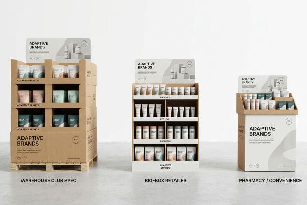 Three Adaptive Brands retail displays: warehouse club cardboard pallet, big-box retailer wood shelf, and pharmacy counter unit.