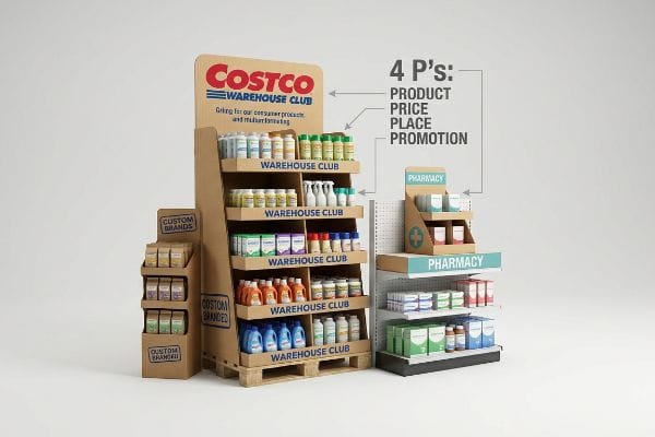 Marketing 4 P's Displays Bodenaufsteller aus Wellpappe für Costco Warehouse Club, Custom Brands und Pharmacy, die die 4 Ps veranschaulichen: Produkt, Preis, Ort, Promotion.