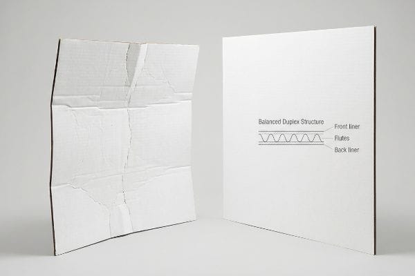 Balanced Duplex Structure Crumpled white corrugated board next to a flat panel illustrating a Balanced Duplex Structure with Front Liner, Flutes, and Back Liner.