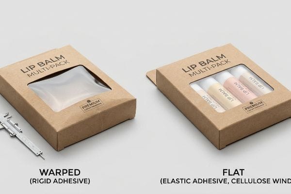 Lip Balm Box Comparison Brown kraft paper Lip Balm Multi-Pack boxes: one warped (Rigid Adhesive) and one flat (Elastic Adhesive, Cellulose Window).