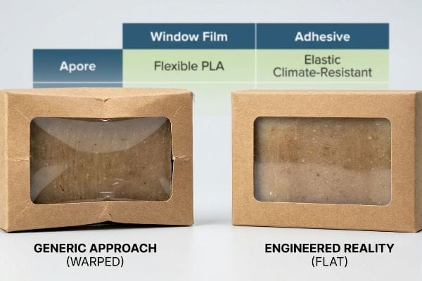 Warped vs Flat Packaging Warped 'Generic Approach' packaging versus flat 'Engineered Reality', highlighting flexible PLA window film and elastic adhesive.