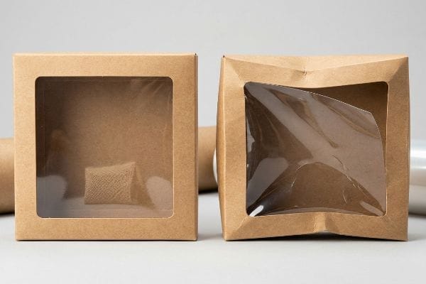 クラフト紙製の窓付き箱が2つあり、1つは正方形、もう1つは歪んでおり、透明なフィルムの窓が付いている。これは包装の張力を示している。.