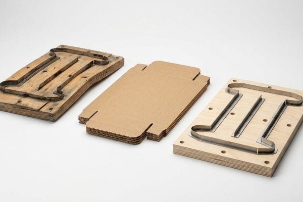 Warped old wooden cutting die and new steel rule die with flat corrugated cardboard box blanks.