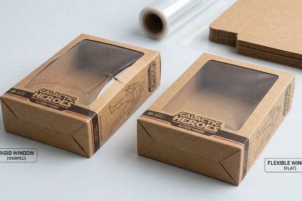 Warped vs Flexible Windows Kraft paperboard folding cartons showcasing a warped rigid window versus a flat flexible window for Galactic Heroes Action Figure packaging.
