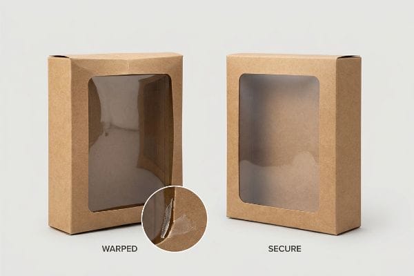 Kraft paper window boxes showing Warped film adhesion versus Secure, preventing carton warping.