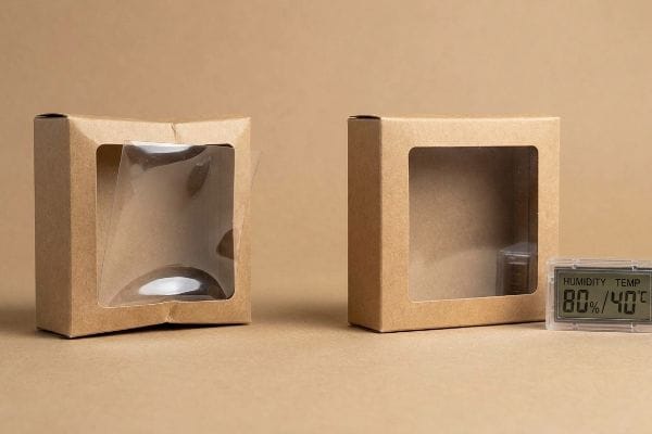 Packaging Humidity Test Two kraft paperboard boxes, one with a warped clear window, next to a hygrometer showing Humidity Temp 80% / 40°C.