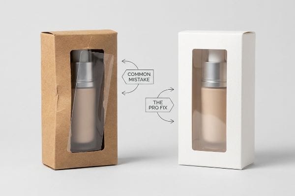 Warped Kraft windowed folding carton (Common Mistake) beside pristine white carton (The Pro Fix), displaying cosmetic foundation bottles.