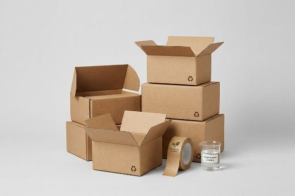 Recyclable cardboard boxes, water-based adhesive tape, and a beaker of water-based coating, showcasing eco-friendly packaging solutions.
