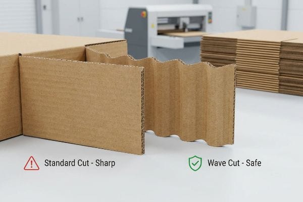 Wave Cut Safety Edges Corrugated cardboard edges comparing a sharp Standard Cut with a safer Wave Cut, emphasizing safety edge blades for injury prevention.