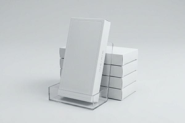 A white wax strip box in an acrylic display shows 63.5x139.7mm and 2.5x5.5 inch dimensions, with stacked boxes.