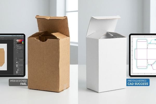 CAD Packaging Success Brown Web-Designed Fail box contrasts with a white Pre-Engineered CAD Success folding carton, showing packaging structural integrity.