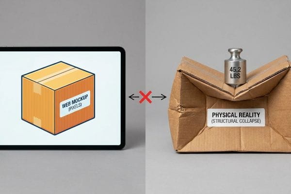 Pixels vs Physical Reality A 'Web Mockup (Pixels)' cardboard box on a tablet contrasts with a collapsed 'Physical Reality (Structural Collapse)' box under 45.2 Lbs.