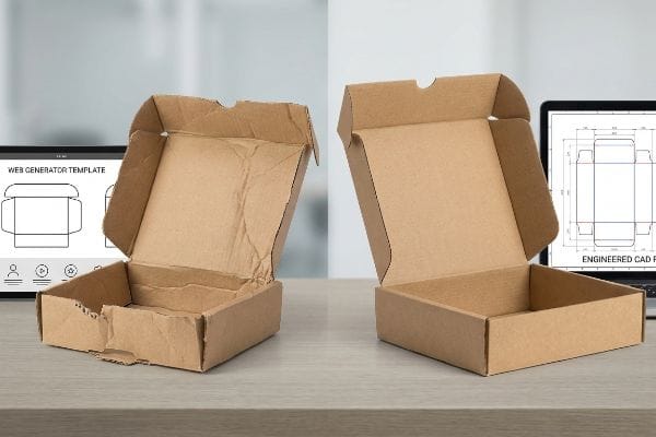 Brown corrugated cardboard boxes, one poorly assembled from a Web Generator Template dieline, beside a perfectly formed box from an Engineered CAD File.