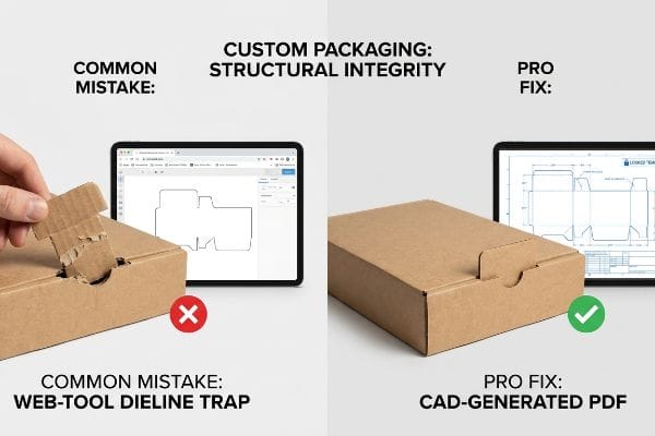 Packaging Structural Integrity Fix Corrugated box comparison: torn tab from Web-Tool Dieline Trap vs. perfect CAD-Generated PDF fit, showcasing Custom Packaging Structural Integrity.