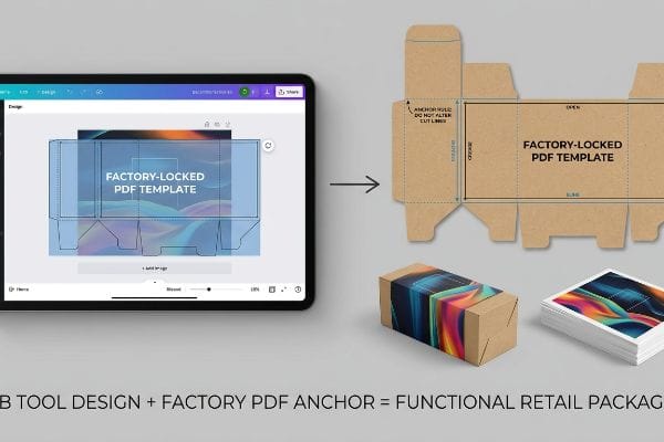 A tablet displays a "Factory-Locked PDF Template" for packaging design, illustrating "Web Tool Design" with a "Functional Retail Package" outcome.