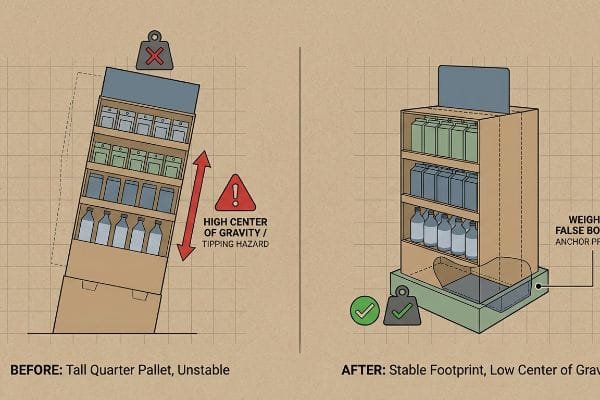Retail Display Stability Unstable Tall Quarter Pallet, High Center of Gravity/Tipping Hazard. Stable display, Weighted False Bottom, Low Center of Gravity.