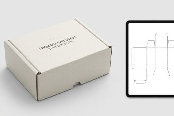 Wellness Box Dieline Template A studio shot features a light-colored cardboard mailer box for Premium Wellness Supplements, alongside a tablet displaying a precise box dieline template.