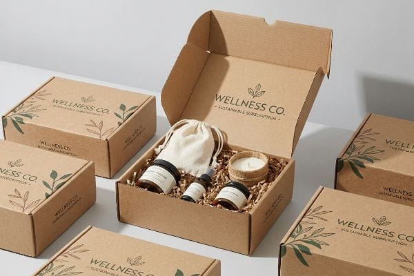 Wellness Co. Subscription Box Kraft paper Wellness Co. sustainable subscription box open, revealing amber jars, dropper bottle, candle, and cloth bag, surrounded by branded boxes.