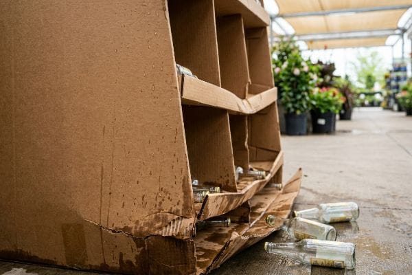 Cardboard Moisture Collapse Wet, collapsed corrugated cardboard beverage display with empty glass bottles scattered on a damp concrete floor in an outdoor garden center.