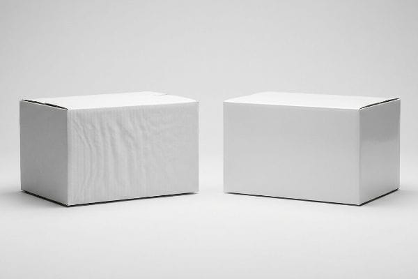 White Box Washboard Effect Two white unprinted corrugated boxes, one displaying a washboard effect, the other a perfectly smooth, flat surface.