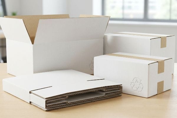 Recyclable White Corrugated Boxes Arranged on a wooden table, white corrugated boxes, an open empty one, two taped closed boxes with recycling symbols, and flat-packed cardboard.