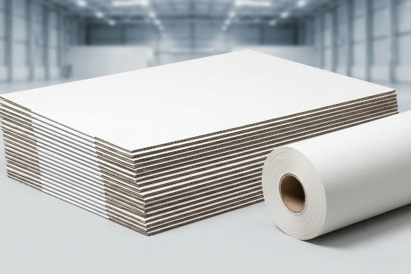 White Corrugated Materials White corrugated cardboard sheets are stacked next to a roll of bleached linerboard, ready for packaging production.