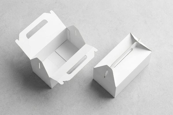 White Gable Boxes Empty Two empty white gable boxes, one open and one closed, with built-in carrying handles on a light gray surface.
