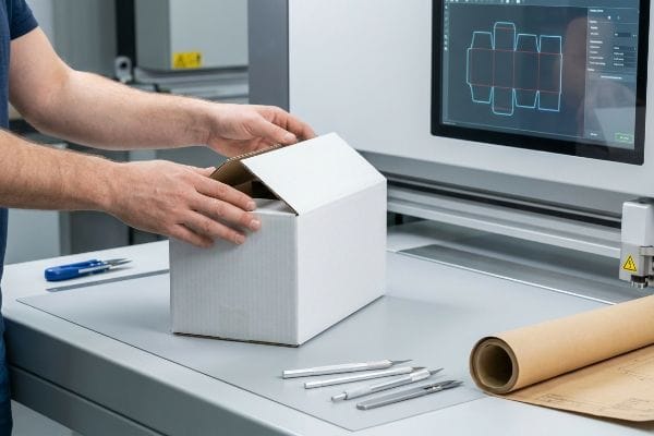 White corrugated box being assembled by hands on a CAD cutting table, with a digital die-line design displayed on the machine's screen.