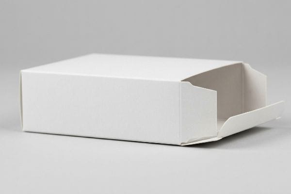 A pristine white straight tuck end box, empty and partially open, showcasing its closure flaps on a light gray background.