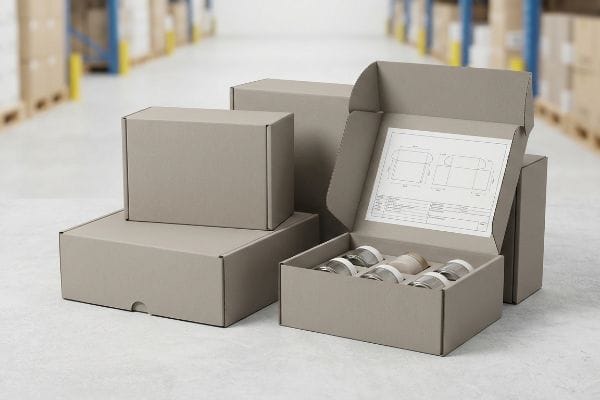 Wholesale Cosmetic Packaging Boxes In a warehouse, an open wholesale cosmetic packaging box reveals six glass jars, with a technical drawing on the lid, alongside other plain shipping boxes.