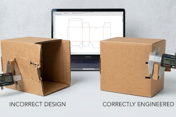 Corrected Dieline Engineering Incorrectly designed corrugated box with tearing contrasted with a Correctly Engineered box featuring a Widened Slot, measured by calipers.