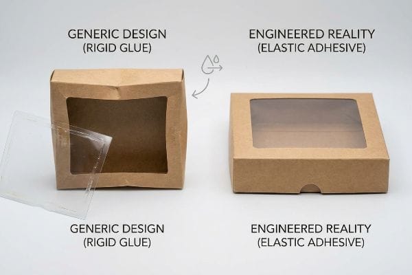 Kraft paper window boxes: Generic Design (Rigid Glue) shows detached window; Engineered Reality (Elastic Adhesive) shows intact window.
