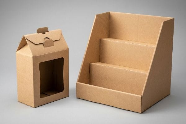 Retail Packaging Solutions Two empty brown kraft paper retail packaging solutions, including a window box with handle and a three-tier corrugated display stand.
