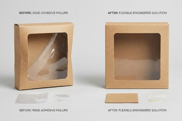 Flexible Window Patch Solution Kraft paper window boxes comparing Before: Rigid Adhesive Failure with a bowed panel and After: Flexible Engineered Solution, showing stable window adhesion.