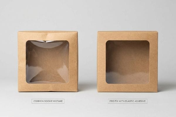 Windows-Patch-Fix Verformter Kraftpapier-Fensterkarton (Typischer Anfängerfehler) neben einem flachen Karton (Profi-Lösung mit elastischem Klebstoff).