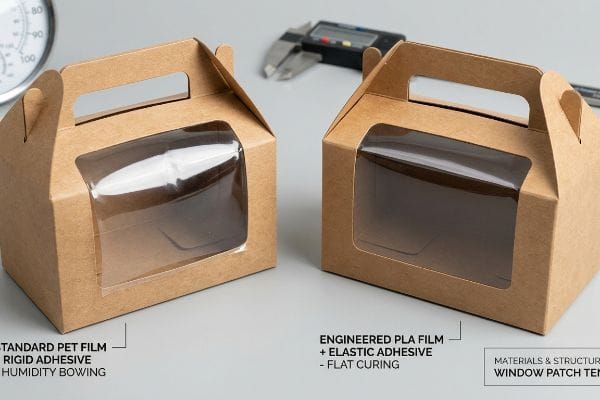 Gable boxes: bowed Standard PET Film, Rigid Adhesive vs. flat Engineered PLA Film, Elastic Adhesive.