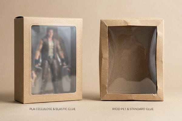 Packaging Window Comparison Brown PLA Cellulose & Elastic Glue window box with action figure, beside a warped Rigid PET & Standard Glue carton.