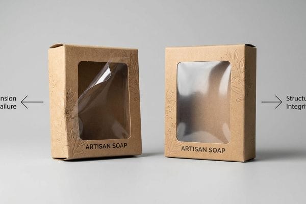 Soap Window Failure Integrity Two Kraft paper Artisan Soap boxes, one showing window tension failure, the other structural integrity with debossed floral patterns.
