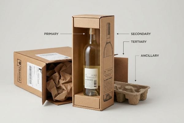 Kraft corrugated packaging layers for a white wine bottle, illustrating Primary, Secondary, Tertiary, and Ancillary components, including a molded pulp tray.