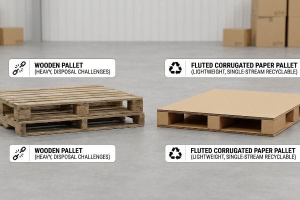 A wooden pallet, labeled 'Wooden Pallet (Heavy, Disposal Challenges)', contrasts with a Fluted Corrugated Paper Pallet, labeled 'Fluted Corrugated Paper Pallet (Lightweight, Single-Stream Recyclable)'.