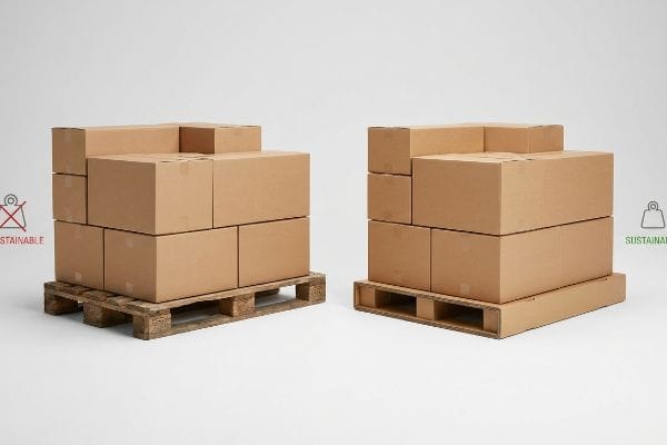 Sustainable Pallet Comparison Comparison of unsustainable wooden pallet with boxes and sustainable corrugated paper pallet for retail logistics.