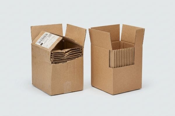 New vs. Used Boxes Worn, reused brown corrugated shipping box with a label next to a fresh, new box displaying crisp internal flutes.