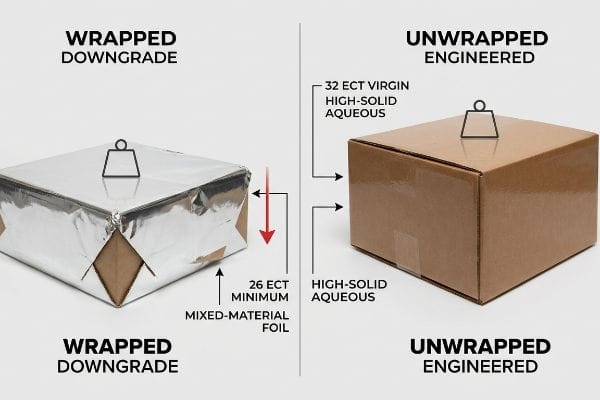 Wrapped vs Unwrapped Boxes A 'Wrapped Downgrade' box with 26 ECT Mixed-Material Foil next to an 'Unwrapped Engineered' box with 32 ECT Virgin High-Solid Aqueous.