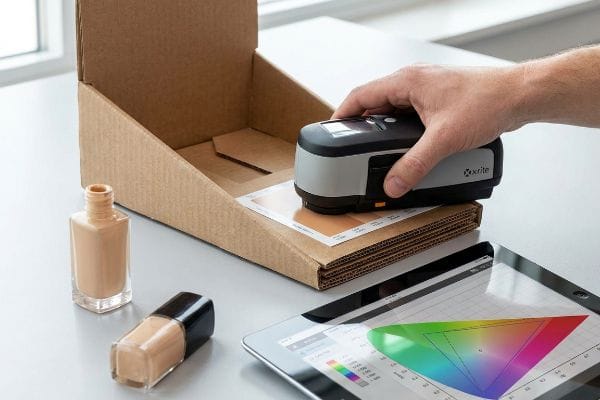 An X-Rite spectrophotometer precisely measures foundation shade on a Pantone swatch, with cosmetic bottles and a tablet showing color gamut.