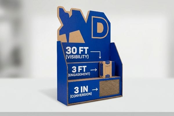 Exibição de Engajamento Espacial 3-3-3 Display de papelão ondulado azul ilustrando a regra de Visibilidade de 30 pés (9,14 m), Engajamento de 3 pés (0,91 m) e Conversão de 3 polegadas (0,79 m) com um logotipo XD.