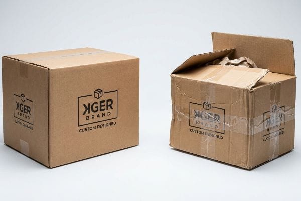 XGER Brand Packaging Quality Brown corrugated cardboard boxes, one new and one worn, featuring the XGER Brand Custom Designed logo.